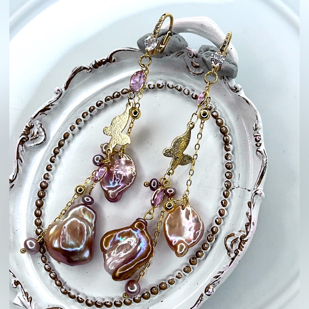 Handmade Freshwater Premium Metallic Gold Keshi Pearl Butterfly 🦋 Earrings